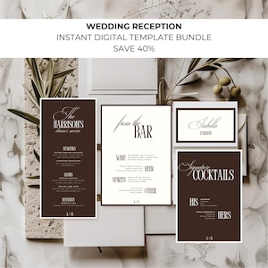 May include: A collection of wedding reception templates, including dinner menus, bar menus, place cards, and signature cocktail signs. The templates are in shades of brown and white, with elegant typography. The text includes "Wedding Reception" and "Save 40%."