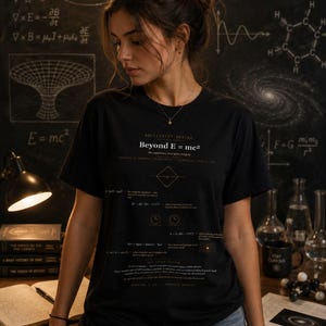 Könnte beinhalten: Ein schwarzes Kurzarm-T-Shirt mit einem weißen Grafikdruck mit dem Titel Relativity Series Beyond E=mc2, das verschiedene physikalische Gleichungen, Diagramme und beschreibenden Text über allgemeine Relativität und Zeit zeigt.