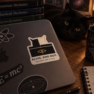 May include: A rectangular sticker on a laptop featuring a split black and white cat silhouette inside a box with an eye icon. The text reads ALIVE. AND NOT. QUANTUM & CO. The sticker is white with black graphics and gold accents, centred on a dark grey laptop lid.