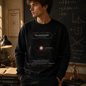 May include: A black long-sleeve sweatshirt featuring a graphic print titled The God Particle. The design includes a central glowing orb surrounded by orbital rings, scientific text, and the label 125.25 GeV/c squared. The text reads Particle Physics Series, The God Particle, confirmed, July 4th 2012, The Higgs Boson - CERN, Large Hadron Collider, and Quantum & Co. Physics Series.