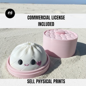 May include: A white dumpling-shaped container with a smiling face and a small pink heart, resting in a light pink circular base. A matching light pink lid with a woven texture sits nearby. Text reads: COMMERCIAL LICENSE INCLUDED SELL PHYSICAL PRINTS.