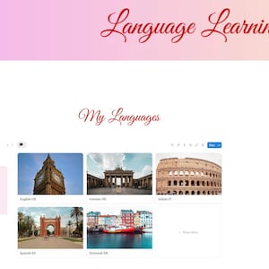 Könnte beinhalten: Eine digitale Benutzeroberfläche zum Sprachenlernen mit den Texten "Language Learning Hub" und "My Languages". Die Oberfläche zeigt Bilder, die verschiedene Sprachen repräsentieren, darunter Englisch, Deutsch und Italienisch. Ein Navigationsmenü und ein Musikplayer sind ebenfalls sichtbar.