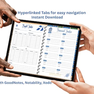 Könnte beinhalten: Ein digitales Tablet mit einem Budget- und Passwort-Tracker. Das Tablet wird von mehreren Händen vor einem weißen Hintergrund gehalten. Auf dem Bildschirm steht "Hyperlinked Tabs for easy navigation" und "Instant Download".