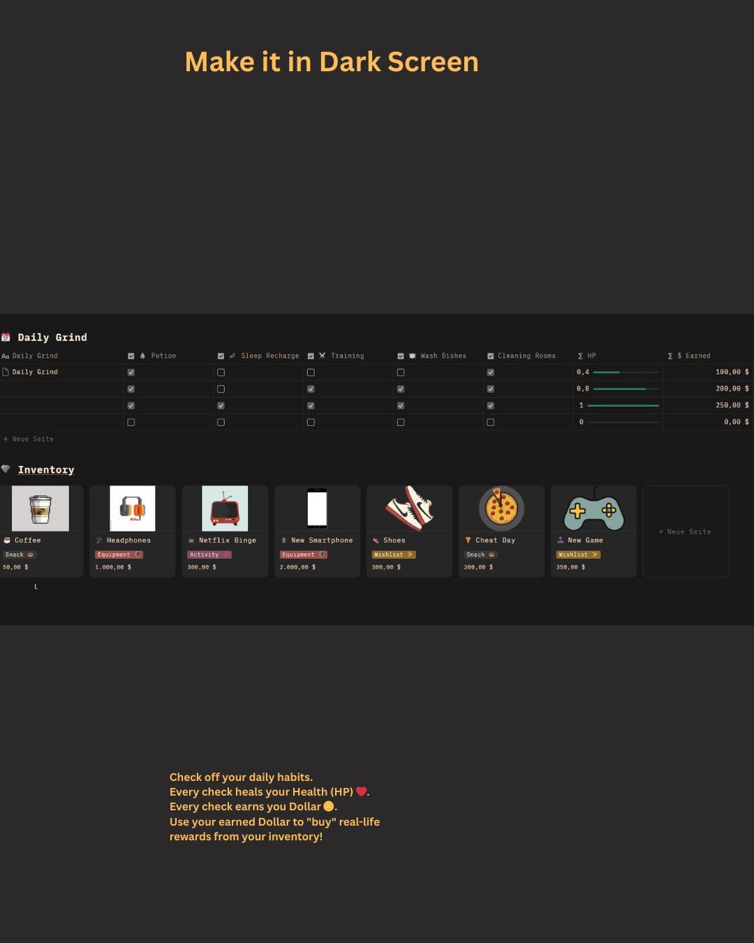 Gamified Notion Template RPG Life Planner ADHD Habit Tracker