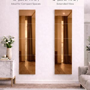 May include: Four-piece set of rectangular mirrors, available in 10-inch and 12-inch sizes. The mirrors are displayed on a wall, with text indicating easy installation and a modular design. The image also shows a cabinet with a vase of flowers.