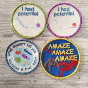 Puede incluir: Cuatro parches bordados con frases humorísticas. Dos parches dicen "I had potential" con una línea y una bola. Otro dice "what doesn't kill you mutates & tries again". El último dice "AMAZE AMAZE AMAZE".