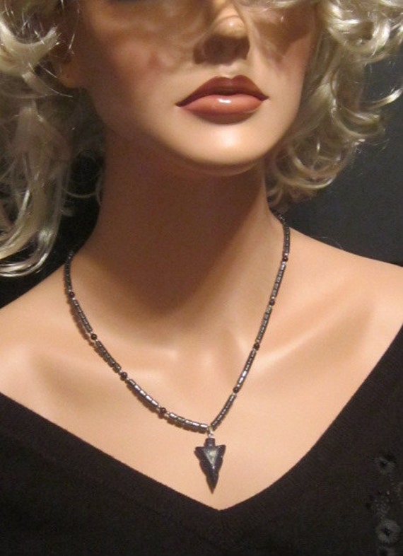 Vintage Hematite Necklace With Arrowhead Pendant