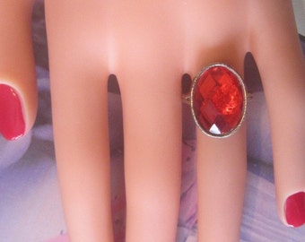 Vintage Antique Silver Ring With Large Red Rhinestone - Size 6.5 (Adjustable) - R-171