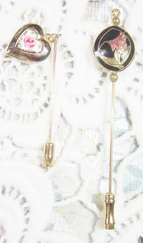 TWO Vintage Flower Stick Pins - BR-160 - Guilloch… - image 2