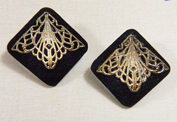 Vintage Black Suede and Gold Filigree Clip Earrin… - image 1