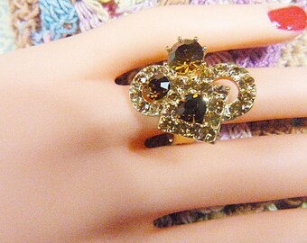 Vintage Gold and Brown Rhinestone Ring - Size Adjustable - R-381 - Gold Ring - Gold Rhinestone Ring - Brown Rhinestones