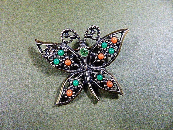 Vintage Dark Silver Filigree Butterfly Brooch Wit… - image 1