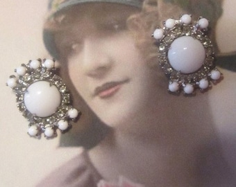 Vintage White Acrylic and Rhinestones Clip Earrings