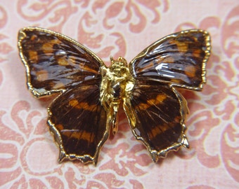 Vintage Brown and Gold Enamel Butterfly Brooch -  BUT-136 -  Brown Butterfly Brooch - Brown Enamel Brooch - Metal Butterfly Brooch