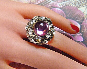 Vintage Pink Moonstone and Rhinestone Ring - Size Adjustable - R-395 - Moonstone Ring - Cluster Ring