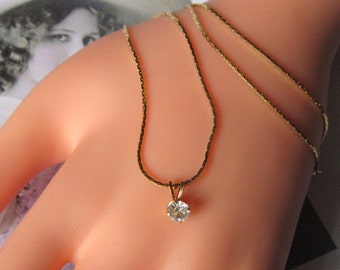 Vintage Gold and Rhinestone Solitaire Pendant and Chain