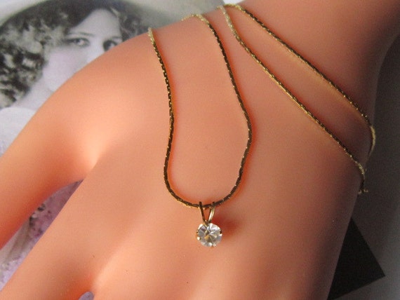Vintage Gold and Rhinestone Solitaire Pendant and… - image 1