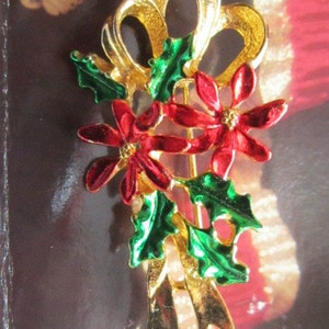 Vintage Poinsettia and Holly Christmas Brooch
