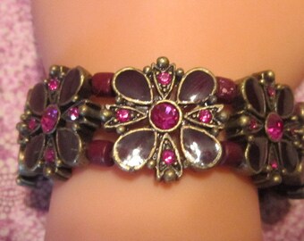 Vintage Magenta Crystal and Purple Enamel Stretch Bracelet