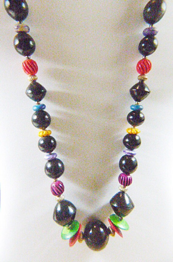 Vintage Colorful and Black Bead Necklace - N-527 -