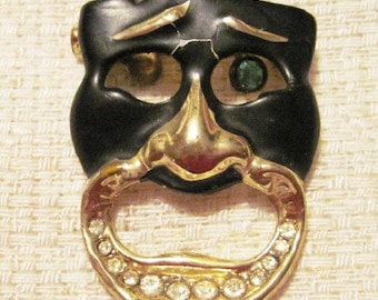 Broche Vintage Années 80 Style Moderniste - Masques Visages Argenté Taille XXL