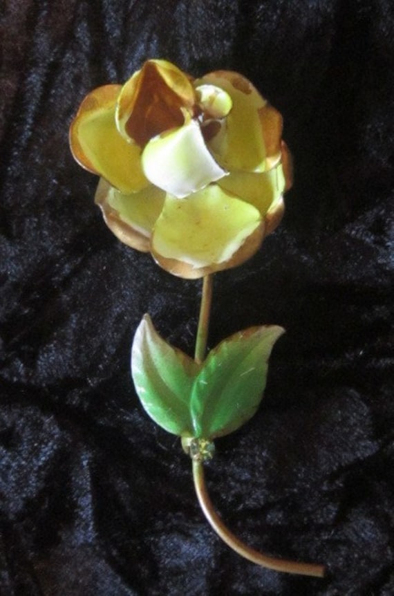 Large Vintage Yellow Enamel Flower Brooch - Yellow