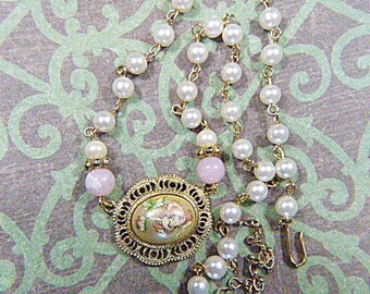 Vintage Pearl and Guilloche Enamel Necklace - N-155 - Pearl Necklace