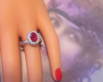 Vintage Silver Ring With Red Rhinestone Solitaire - Size 6.75 - R-064