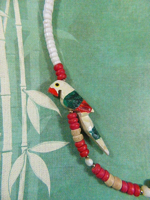 Vintage 1970s Hand Painted Wood Parrot Necklace -… - image 2