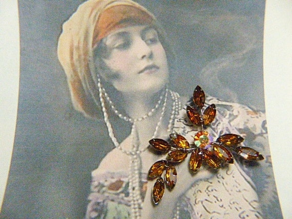 Vintage Topaz Brooch - BR-296 - Gold Rhinestone Brooch - Topaz Brooch - Topaz Statement Piece
