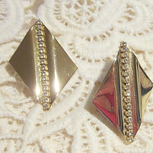 Vintage Gold and Rhinestone Diagonal Clip Earrings