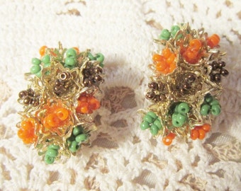 Vintage Hoop Earrings in Orange and Green Clip Earrings - V-EAR-454 - Orange and Green Hoop Earrings - 1970s