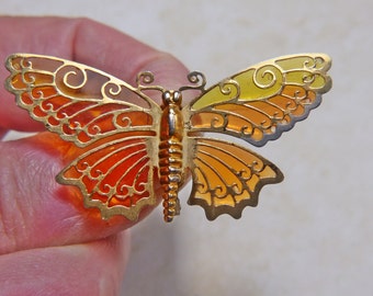 Vintage AVON Plique-a-Jour Orange and Yellow Butterfly Brooch - BUT-135- Plique-a-Jour Butterfly Pin - Plique-a-Jour Butterfly Brooch