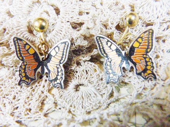 Vintage Orange and Black Guilloche Butterfly Clip… - image 1