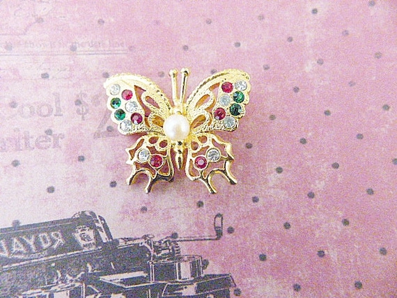 Vintage Victorian Gold Filigree Butterfly Brooch … - image 1