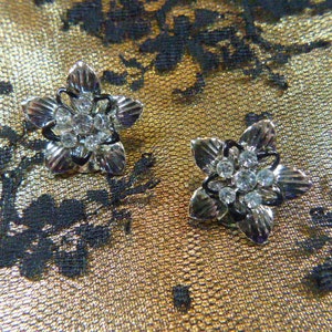 Vintage Silver and Rhinestone Flower Clip Earrings - V-EAR-156