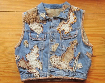 OOAK Embellished Vintage Denim Vest BELLA BELLA - Fully Lined - Upcycled Repurposed Recycled Clothing