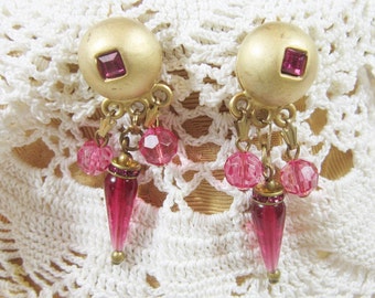 Vintage Victorian Gold and Pink Bead Dangle Earrings - V-EAR-618 - Pink Bead Dangling Earrings - Pink Bead Clip Earrings