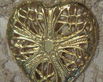 Vintage Filigree Gold Heart Brooch - BR-410 - Filigree Heart Brooch - Gold Filigree Heart Brooch - Gold Filigree Heart Pin