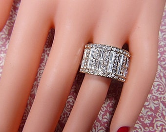 Vintage Rhinestone Ring With Round and Baguette Shaped Rhinestones -- Size 7.5 - R-387