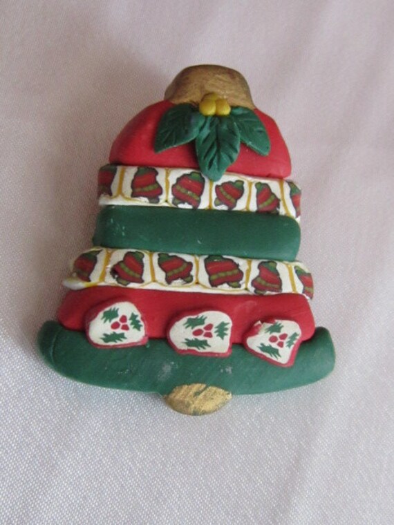 Vintage Christmas Bell Clay Brooch