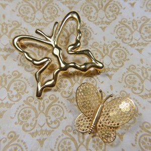 TWO Vintage Gold Butterfly Brooches - BUT-146 - Victorian Butterfly Brooch - Gold Filigree Brooch - Gold Butterfly Brooch