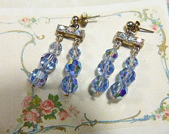 Vintage Blue Crystal and Aurora Borealis Pierced Earrings - V-EAR-538 - Crystal Earrings - Aurora Borealis Earrings