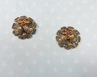 Antique CZECH Gold and Glass Filigree Earrings - V-EAR-653 - CZECH Filigree Earrings - Victorian Filigree Earrings