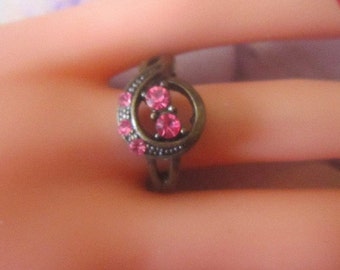 Vintage Bronze Ring With Pink Rhinestones - Size 8.25 - R-138