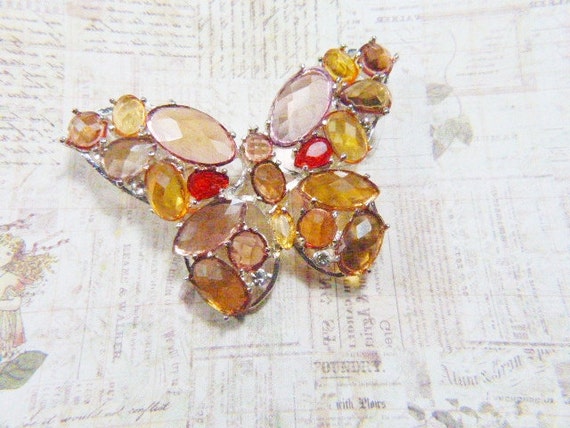Vintage Topaz Rhinestone and Silver Butterfly Brooch - BUT-107 - Rhinestone Butterfly Brooch - Rhinestone Brooch - Silver Brooch