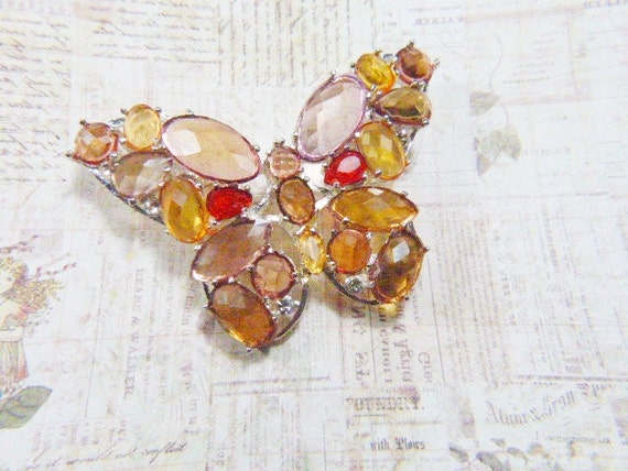 Vintage Topaz Rhinestone and Silver Butterfly Bro… - image 1