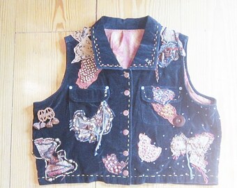 OOAK Embellished Vintage Black Velvet Vest CRIMSON MAJESTY - Fully Lined - Upcycled Repurposed Recycled Clothing