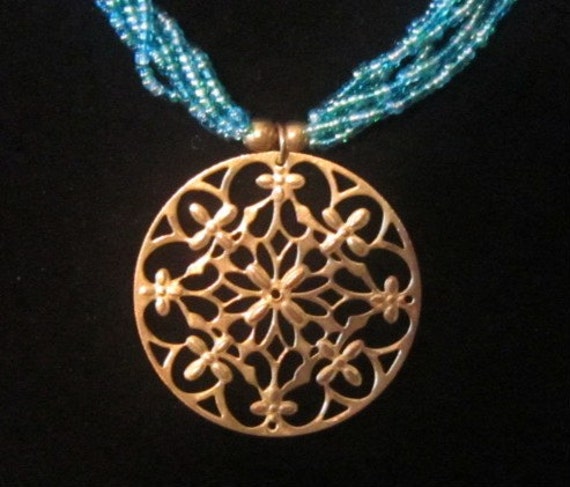 Vintage Blue Necklace With Gold Filigree Pendant … - image 1