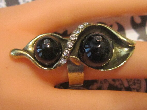 Vintage Black, Gold and Crystal Ring - Size Adjus… - image 2